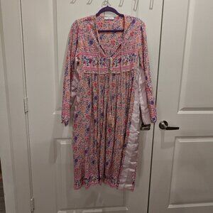 R.Vivimos Long Sleeve Floral Print V Neck Tassel Midi Dress pink